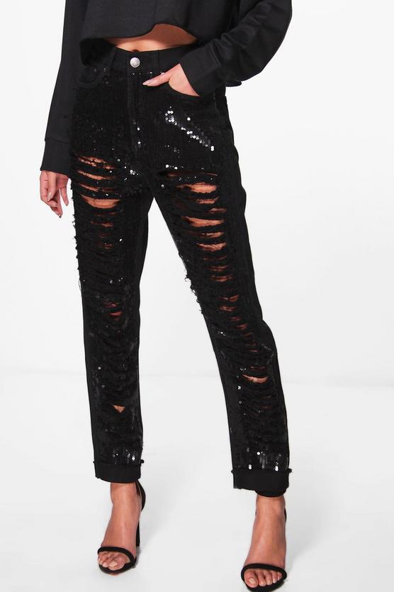 Suzi Distressed Sequin Boyfriend Jeans